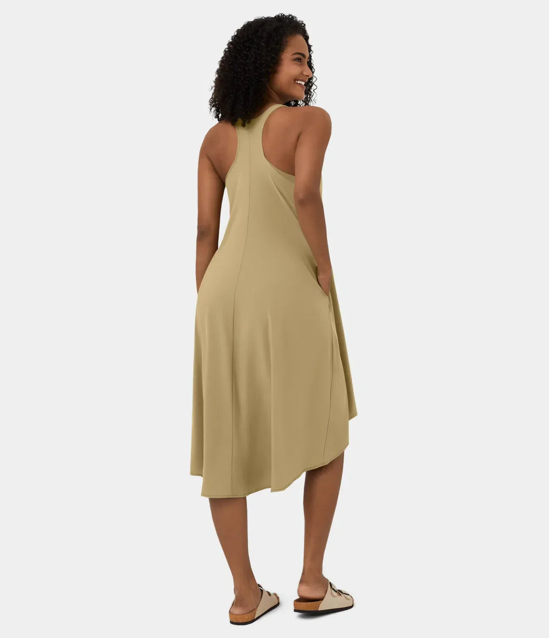 Midi Casual Dress With Backless Racerback And Side Pocket