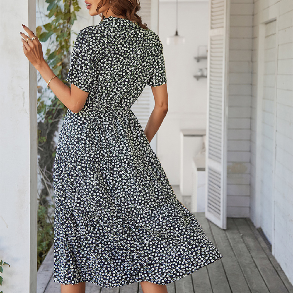 V-Neck Waist Belt Floral Print Maxi Dress