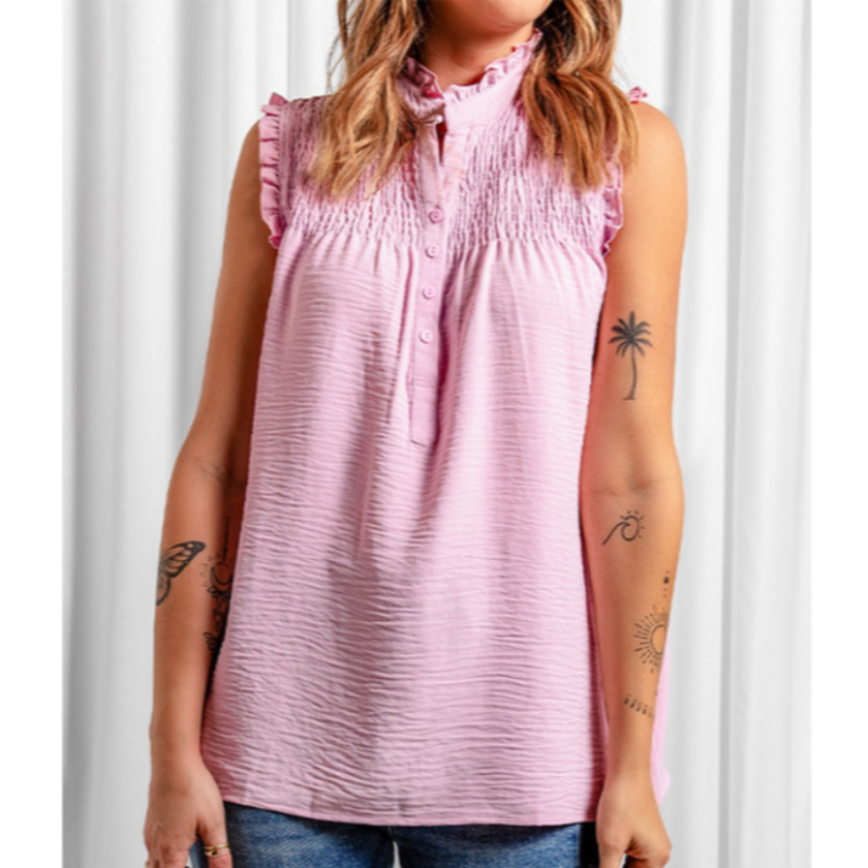 High Collar Button Ruffled Sleeves Less Blouse