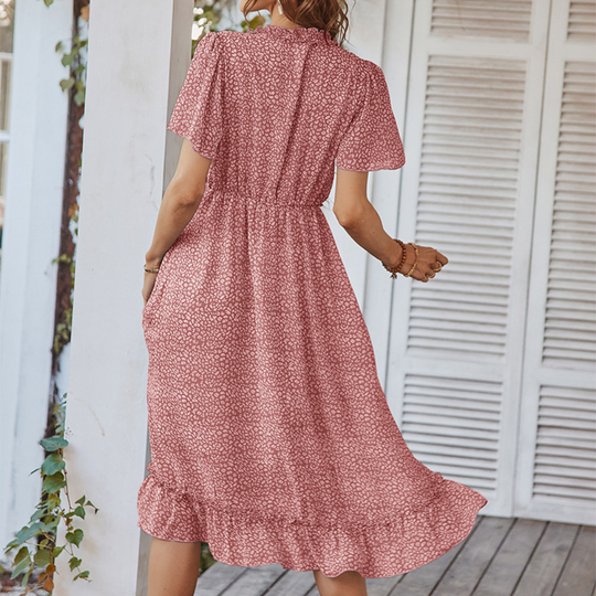 Pleated Ruffle Neck And Waist Dots Print Maxi Dress