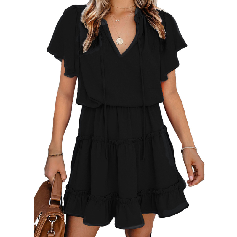Flounce Sleeve V- Neck Casual Dress
