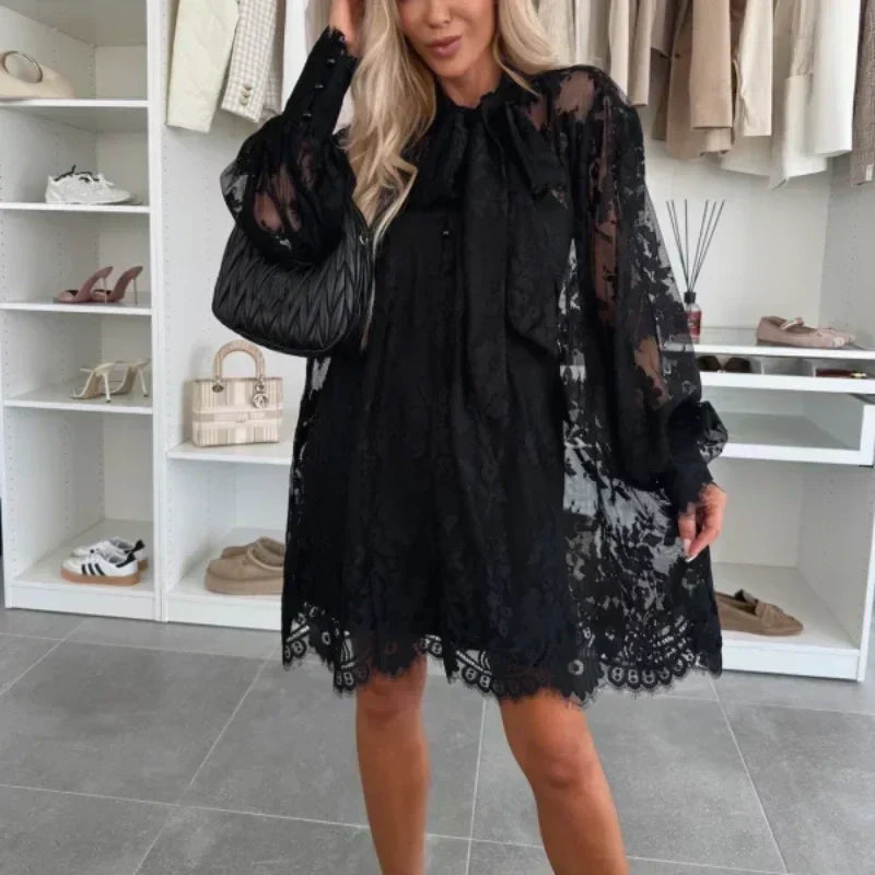 Elisa™ Lace mini dress with tie neck
