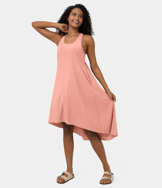 Midi Casual Dress With Backless Racerback And Side Pocket