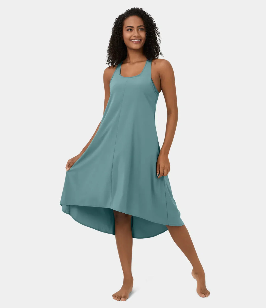 Midi Casual Dress With Backless Racerback And Side Pocket