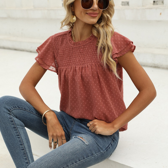 Flounce Cap Sleeves Dot Print Blouse