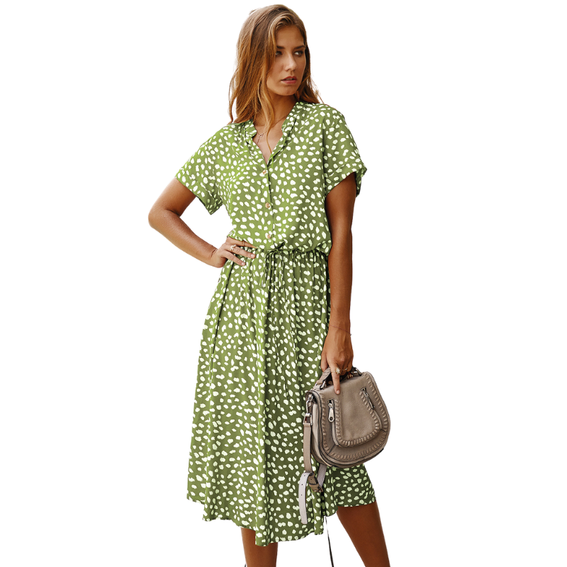 Shirt Collar Waist Tie Dot Print Maxi Dress