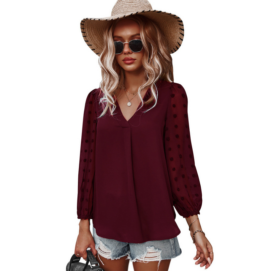 Textured Full Sleeves V-Neck Semi Formal Blouse