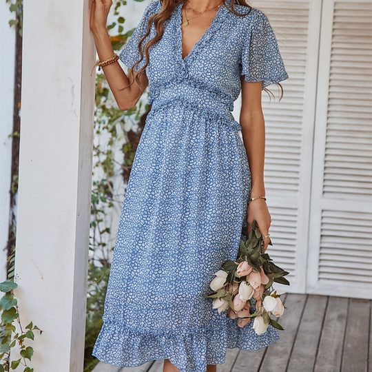 Pleated Ruffle Neck And Waist Dots Print Maxi Dress