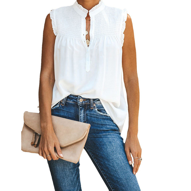 High Collar Button Ruffled Sleeves Less Blouse