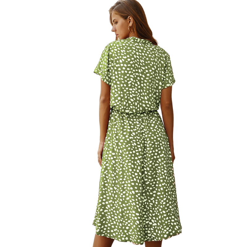 Shirt Collar Waist Tie Dot Print Maxi Dress