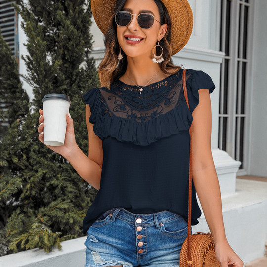 Flounce Lace Neck Design Sleeves Less Blouse