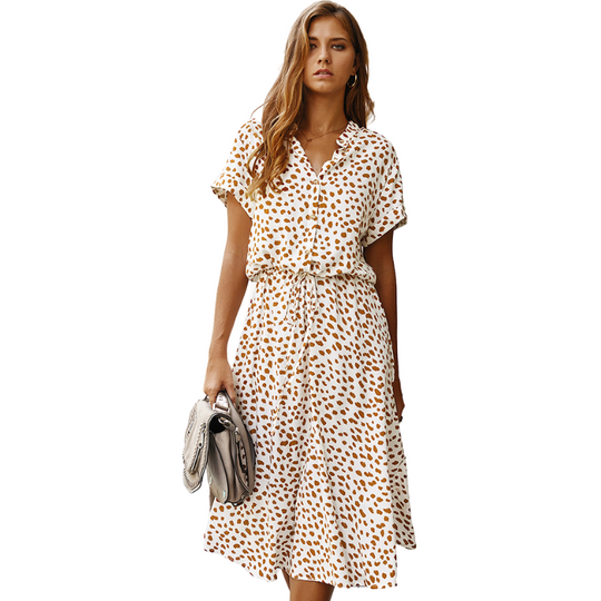 Shirt Collar Waist Tie Dot Print Maxi Dress
