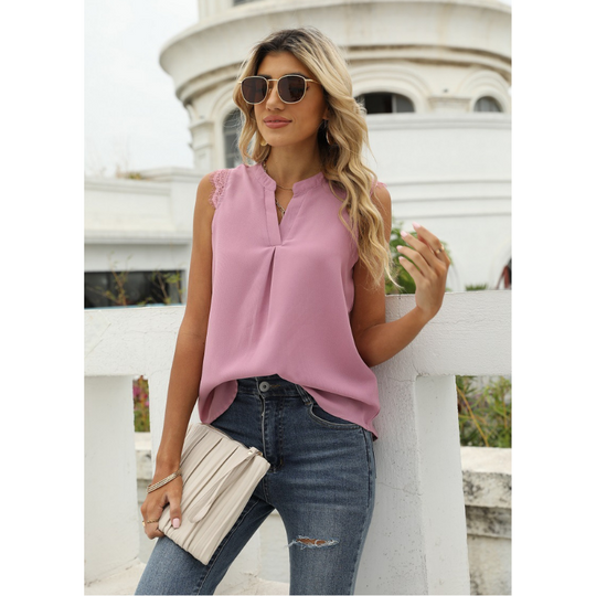 Lace Cap Sleeves V Neck Blouse