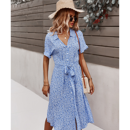 Women's Summer Floral Button Down V Neck Dresses
