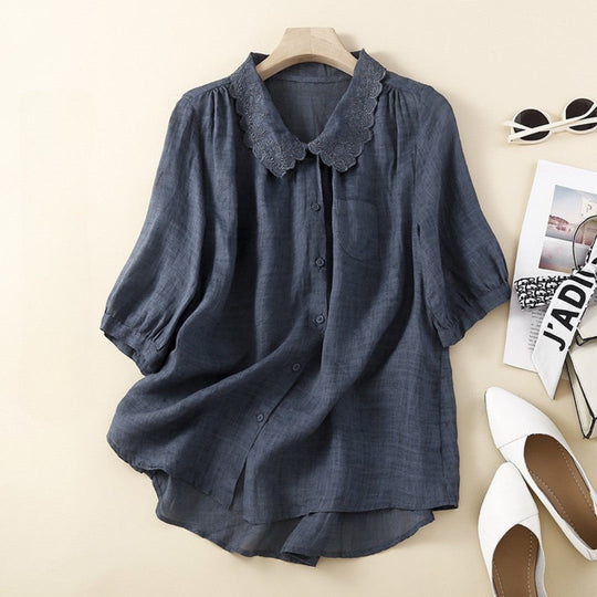 Laurienne™ | Buttoned Blouse with Lace Collar