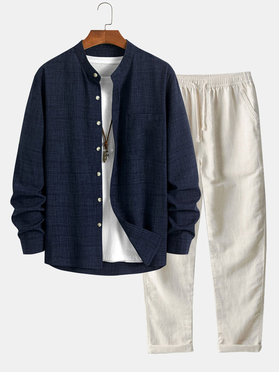 Long sleeve light brown collar shirt and straight linen pants
