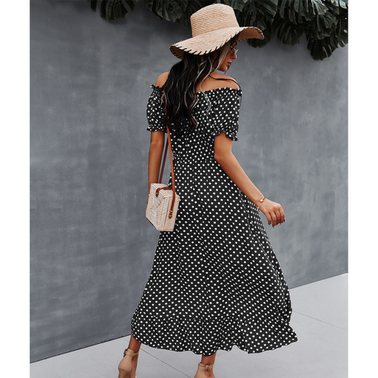 Off-Shoulder Polka Dot High Low Ruffle Hem Dress