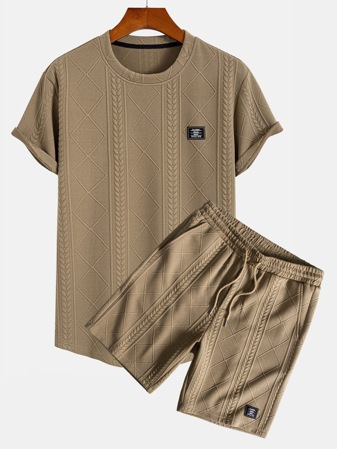 Short sleeve geometric jacquard bow hemT-Shirt& Shorts