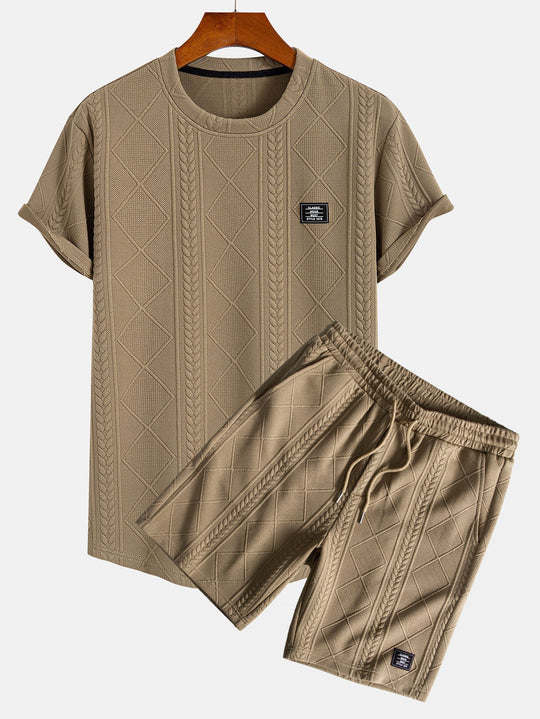 Short sleeve geometric jacquard bow hemT-Shirt& Shorts