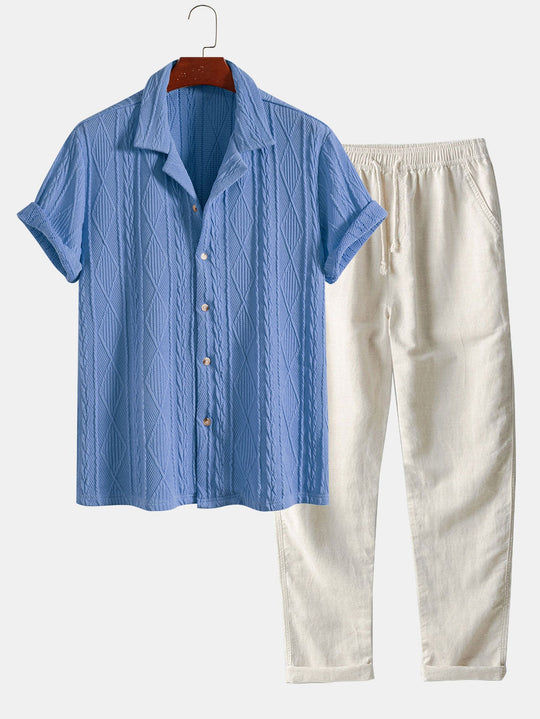 Knitted geometric texture Red Cuban shirt and linen straight-leg pants