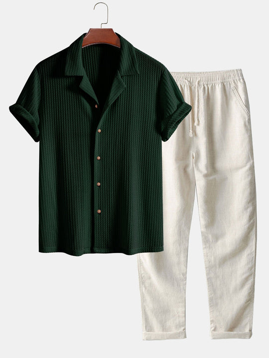 Short sleeve knit waffle Cuban shirt and straight leg linen pants