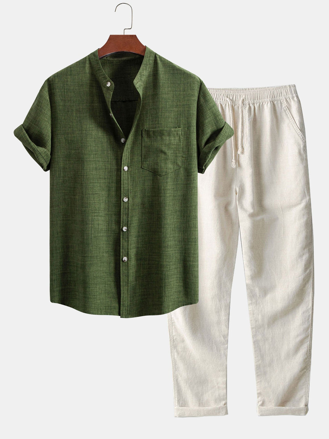 Short sleeve light brown collar shirt and straight linen pants
