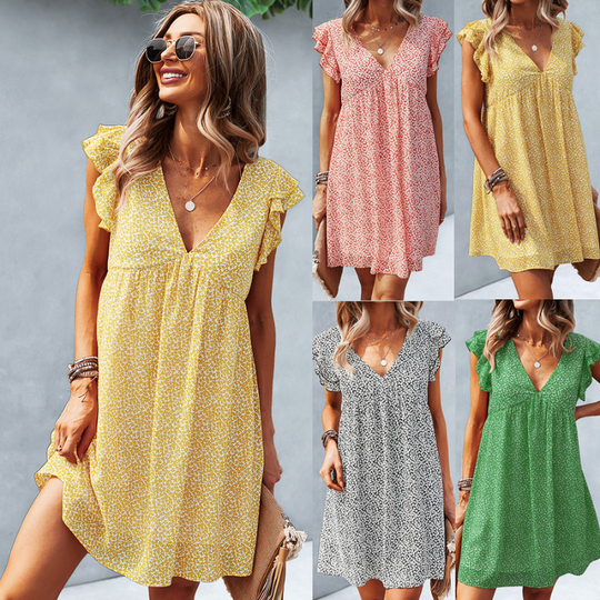 Frill Short Sleeves Knee Length Deep V-neck Casual Dress