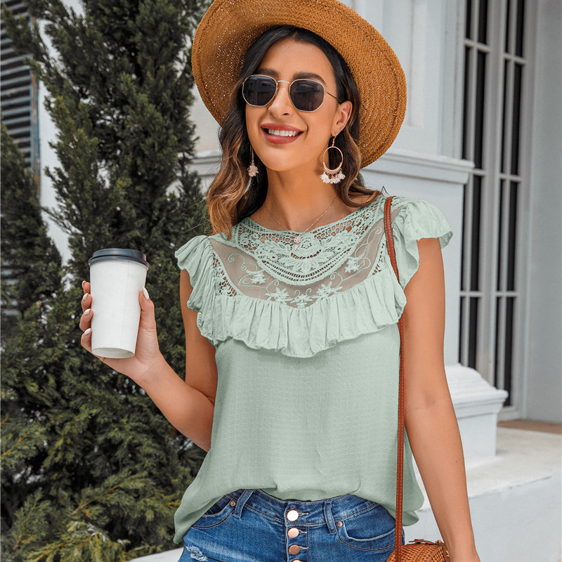 Flounce Lace Neck Design Sleeves Less Blouse