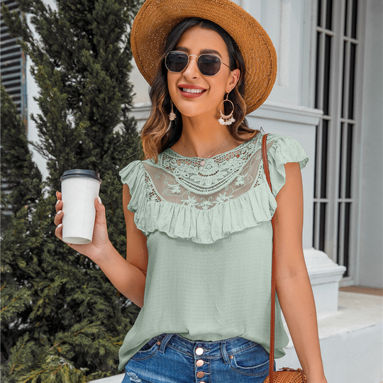 Flounce Lace Neck Design Sleeves Less Blouse