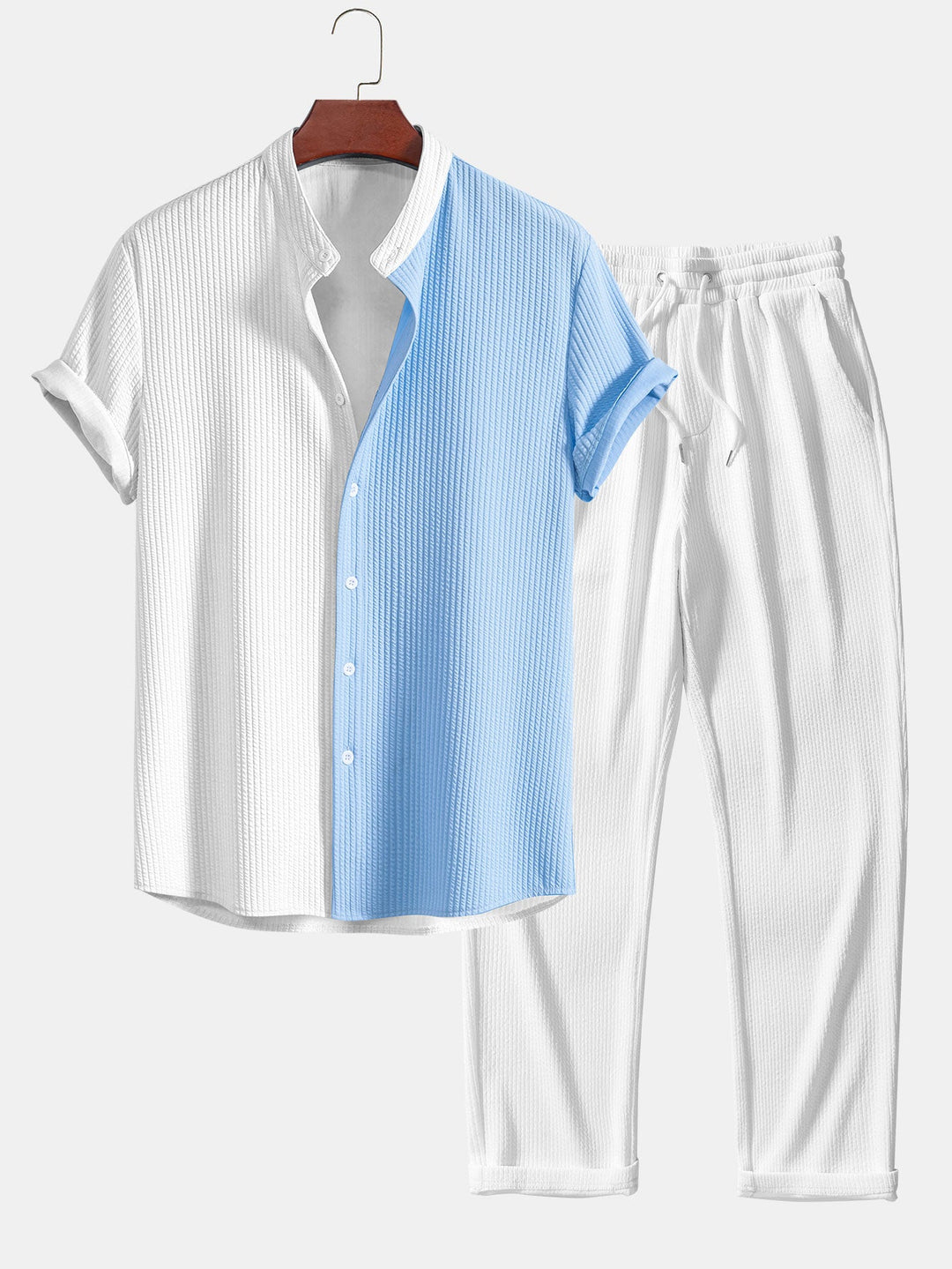 Two Tone Muscle Fit Ribbed Stand Collar Shirt & Straight Leg Ribbed Pants