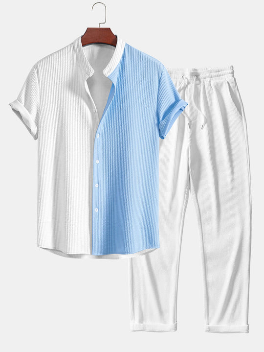 Two Tone Muscle Fit Ribbed Stand Collar Shirt & Straight Leg Ribbed Pants
