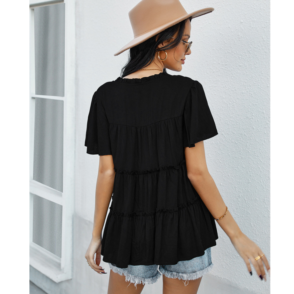 Frill Trim Tassel Tie Flutter Sleeve Top