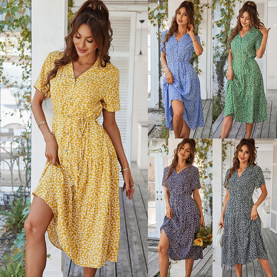 V-Neck Waist Belt Floral Print Maxi Dress