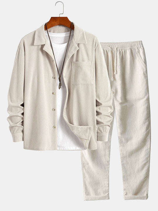 Corduroy Cuban collar long sleeve shirt and straight leg linen pants