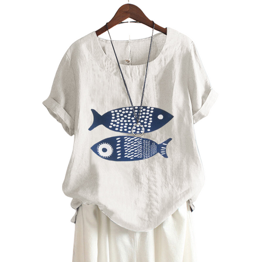 Fish Print Half Sleeves Blouse