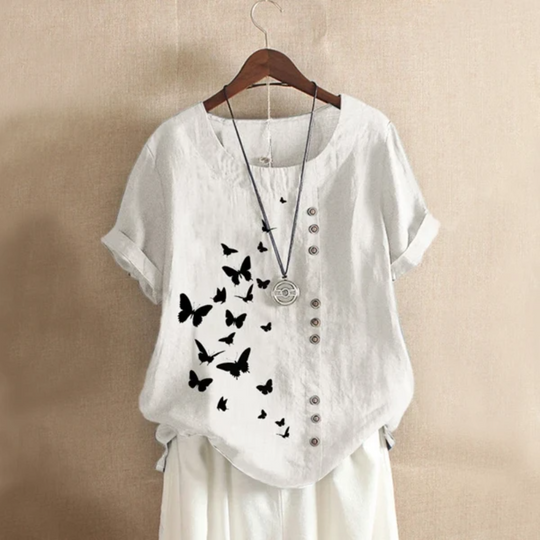 Butterflies Print Button Summer Blouse