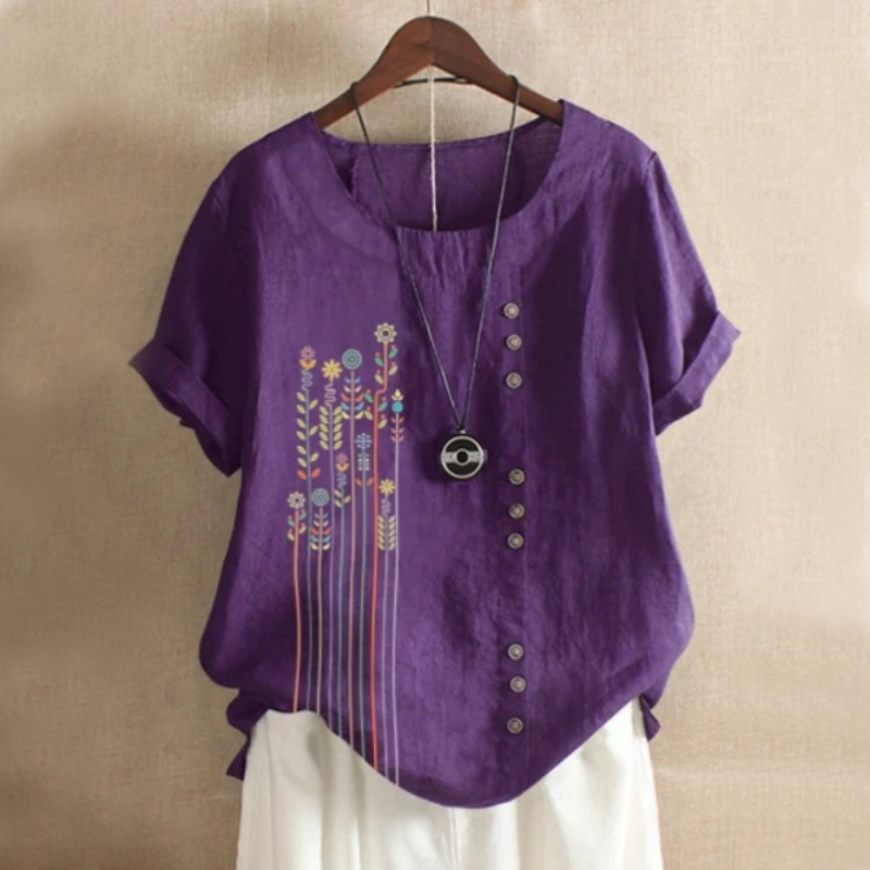 Leaf Patch Button Summer Blouse