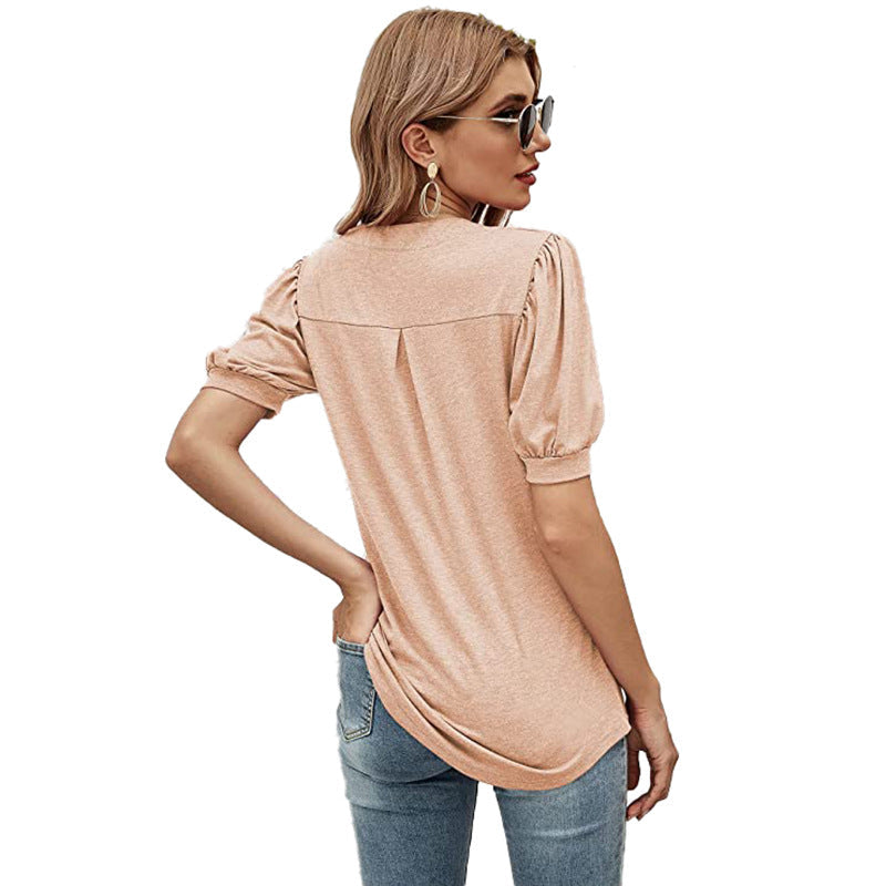 Puffed Sleeves Semi-Collar Blouse