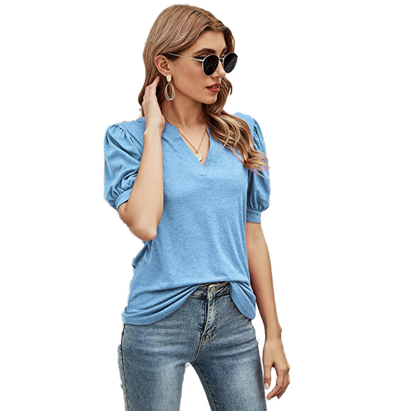 Puffed Sleeves Semi-Collar Blouse