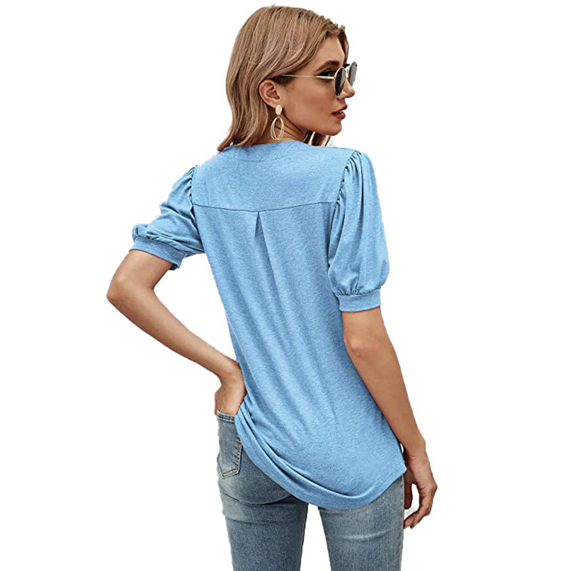 Puffed Sleeves Semi-Collar Blouse
