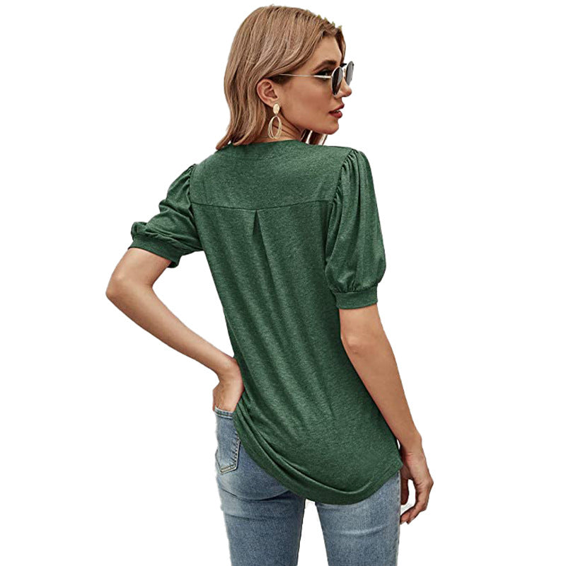 Puffed Sleeves Semi-Collar Blouse