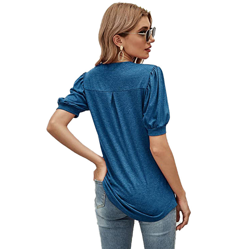 Puffed Sleeves Semi-Collar Blouse