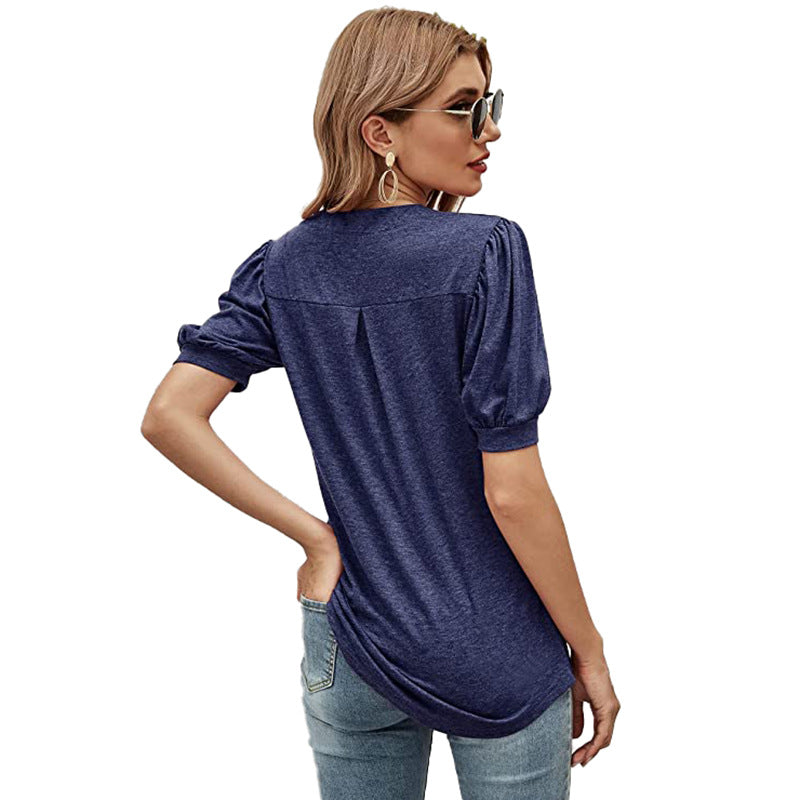 Puffed Sleeves Semi-Collar Blouse