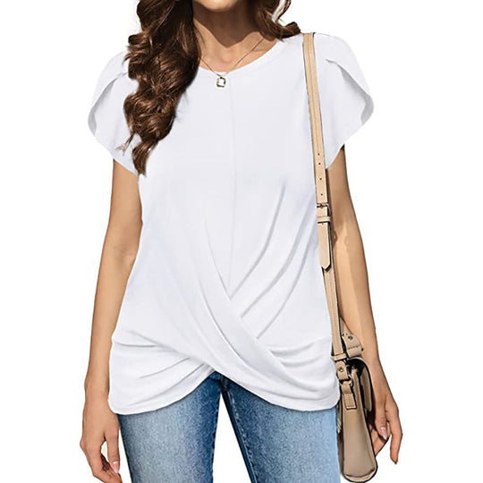 Ruffled Cross Hem Flounce Sleeves Blouse