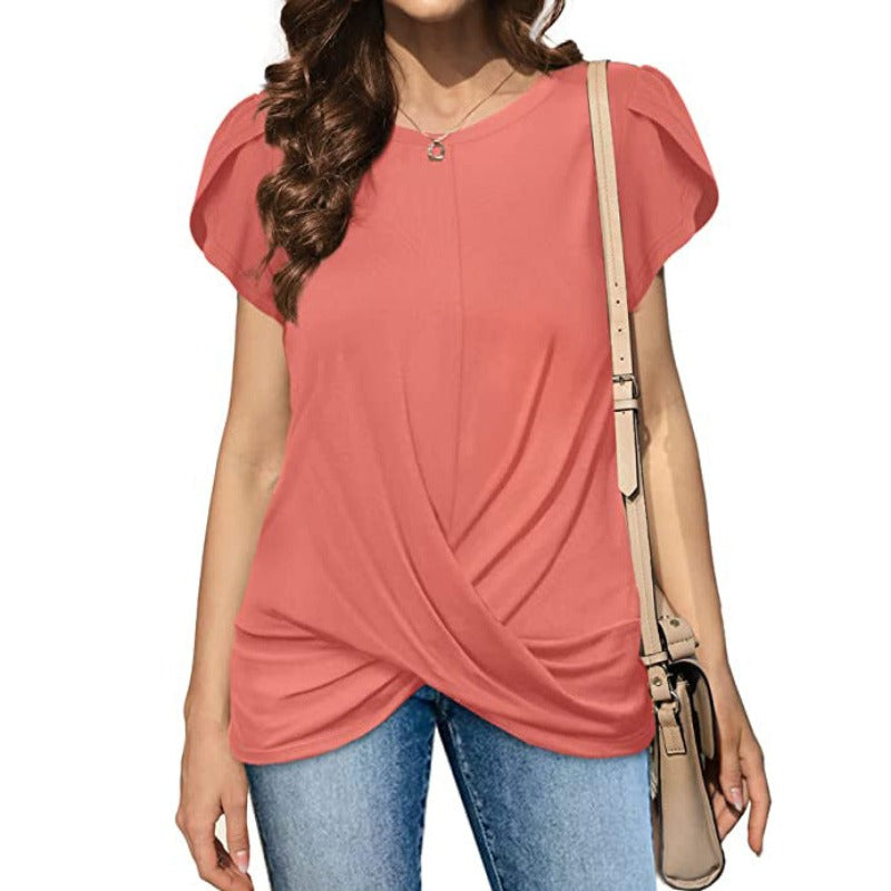 Ruffled Cross Hem Flounce Sleeves Blouse