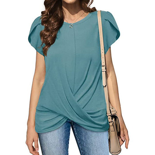 Cross Flounce Hem Short Sleeves Blouse