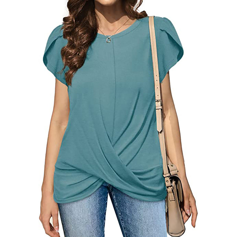 Ruffled Cross Hem Flounce Sleeves Blouse