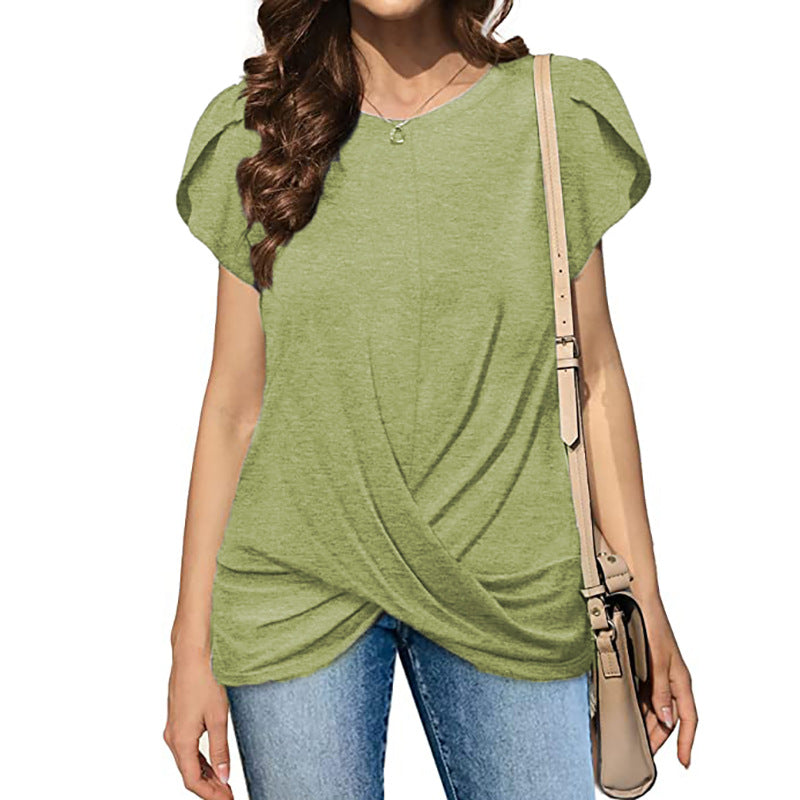 Ruffled Cross Hem Flounce Sleeves Blouse
