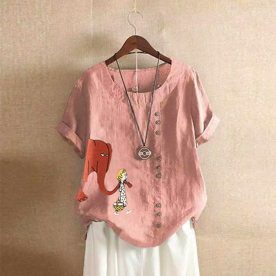 Girl And Elephant Print Vintage Blouse