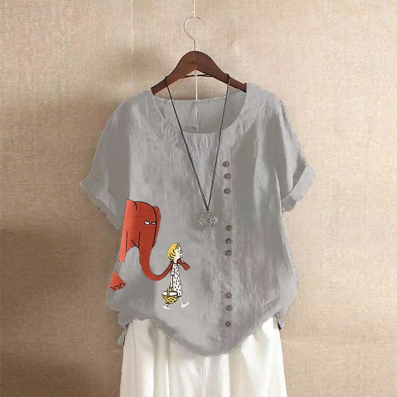Girl And Elephant Print Vintage Blouse